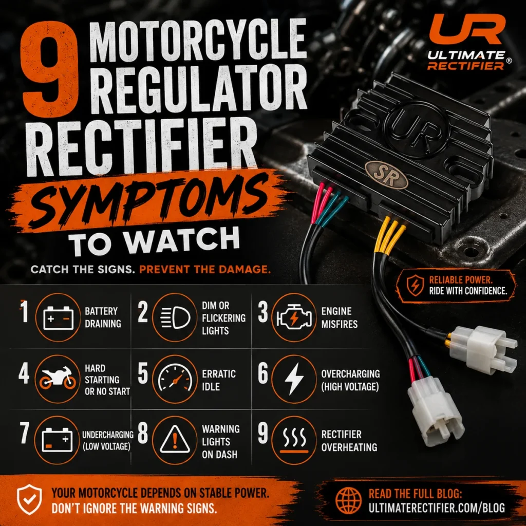 Infographic listing nine motorcycle regulator rectifier failure symptoms, beside an Ultimate Rectifier series MOSFET unit with its wiring harness