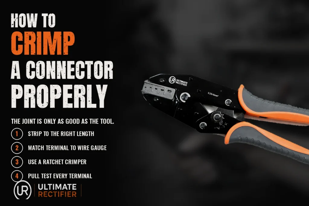 Ultimate Rectifier infographic: how to crimp a motorcycle electrical connector properly