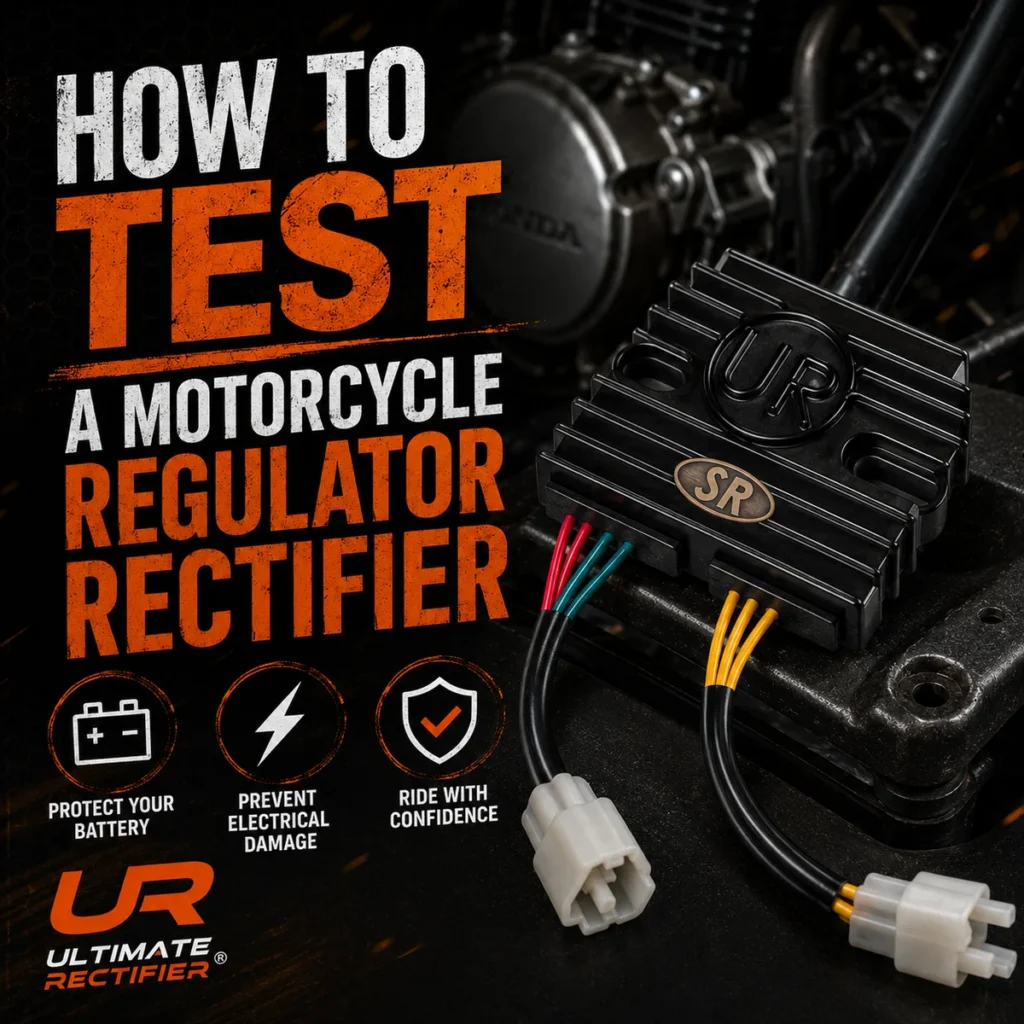 How to test a motorcycle regulator rectifier, shown with an Ultimate Rectifier series MOSFET unit and its plug-and-play wiring harness