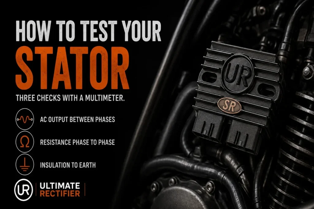 Ultimate Rectifier infographic: three multimeter checks to test a motorcycle stator
