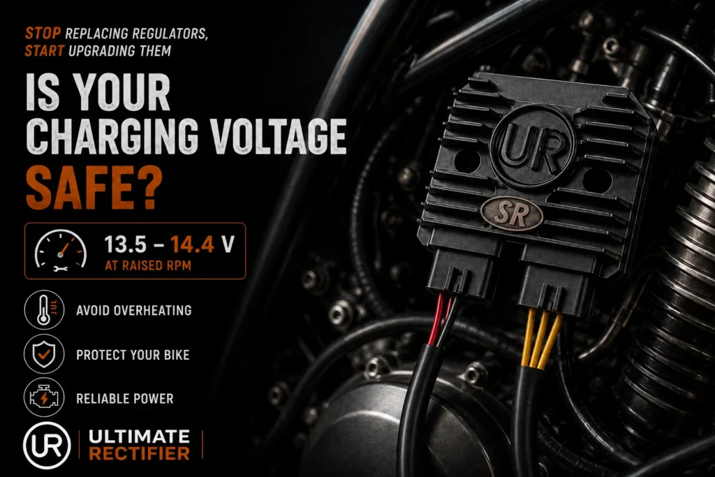 Ultimate Rectifier infographic: safe motorcycle charging voltage is 13.5 to 14.4 V at raised rpm