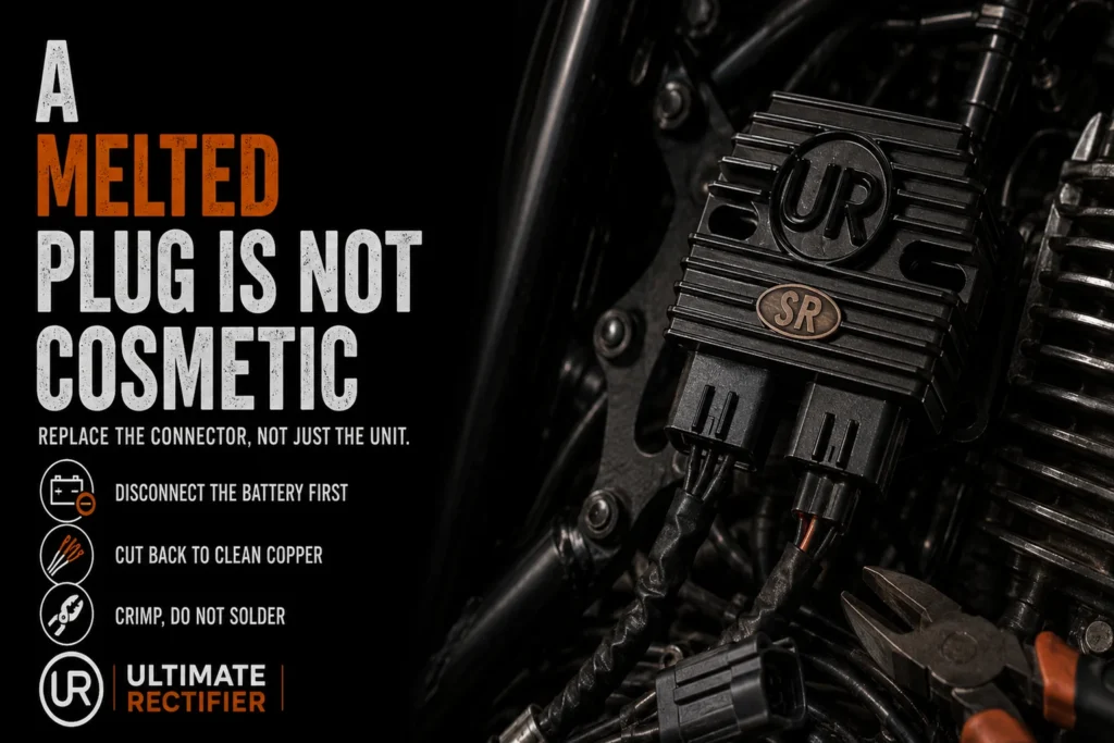 Ultimate Rectifier infographic: replacing a melted regulator rectifier connector