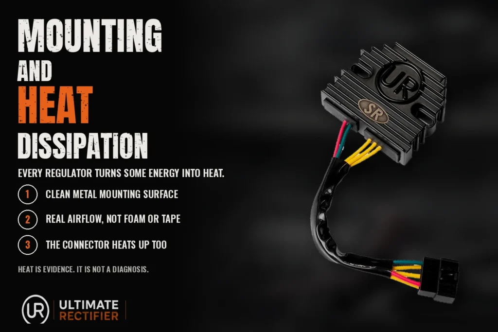 Infographic on regulator rectifier mounting and heat dissipation, showing mounting surface, airflow and connector heat.