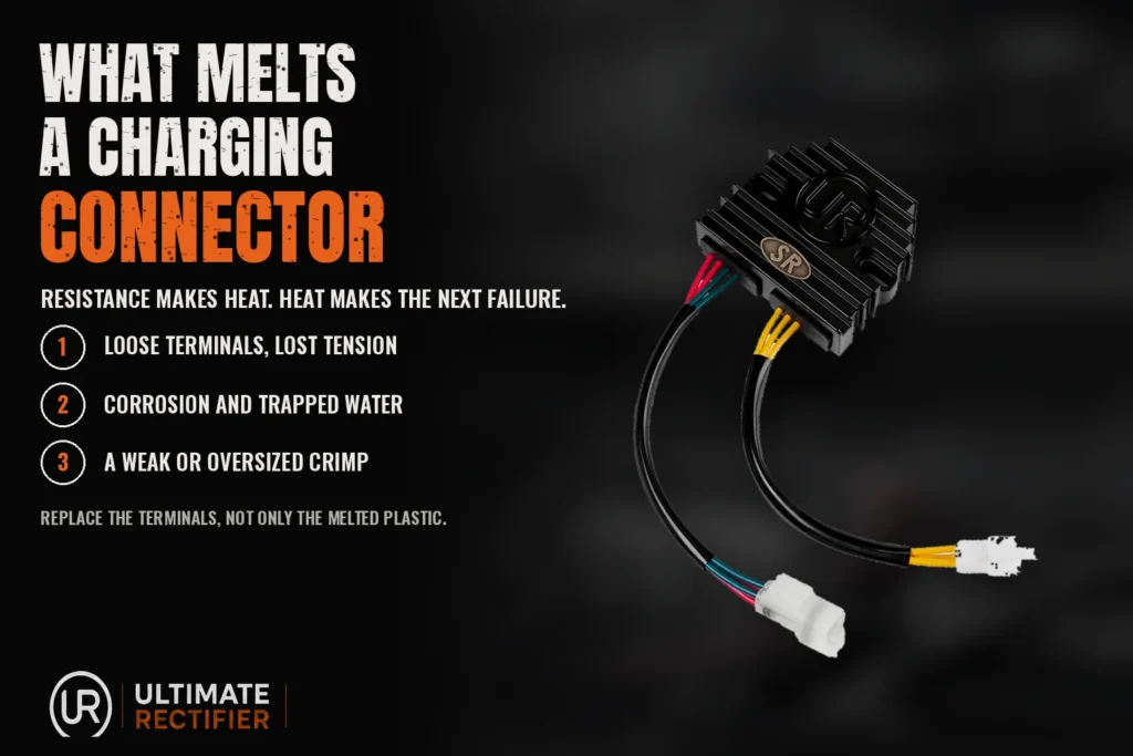 Infographic on what melts a motorcycle charging connector: loose terminals, corrosion and a weak crimp.