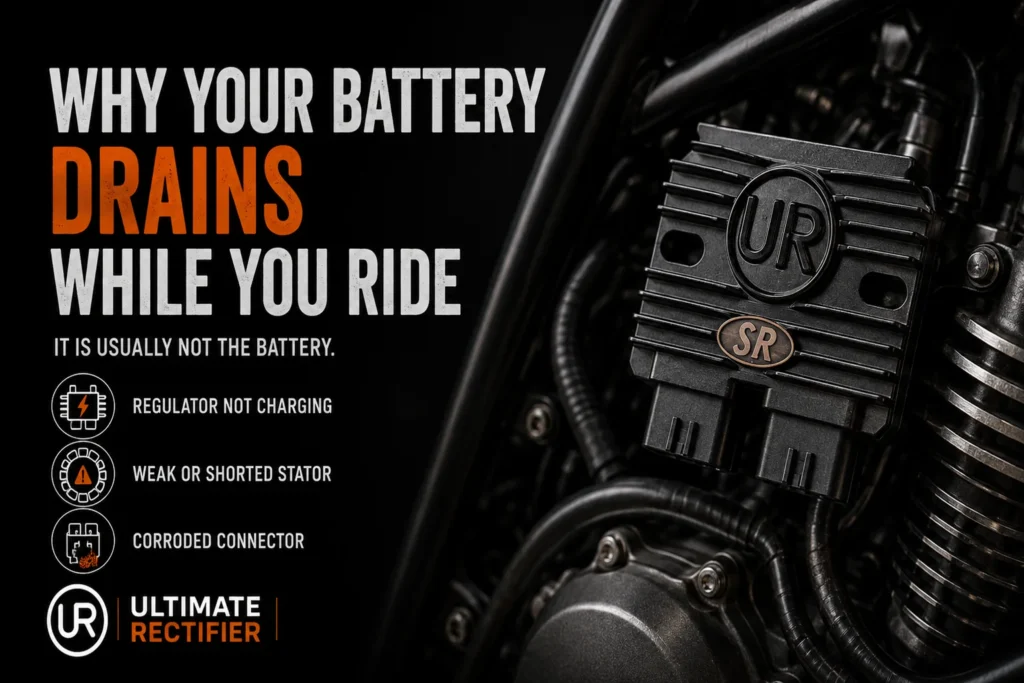 Ultimate Rectifier infographic: why a motorcycle battery drains while riding, with three common causes