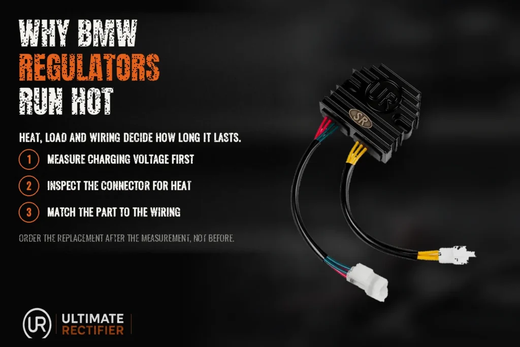 Infographic on BMW regulator rectifier faults: measure charging voltage, inspect the connector, match the part to the wiring.