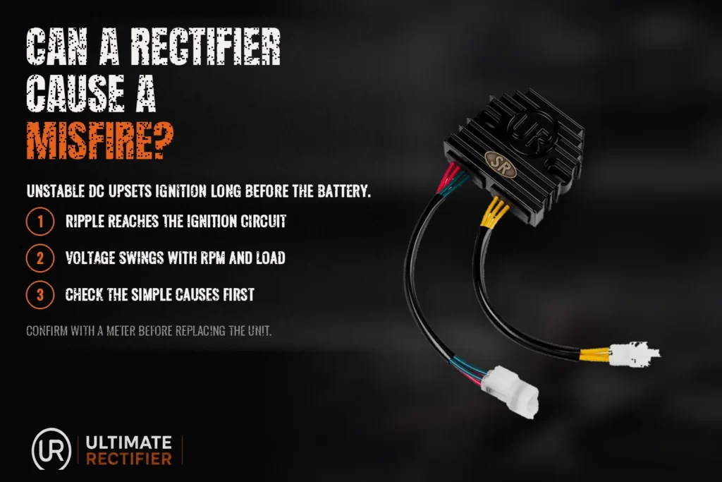 Infographic on whether a rectifier can cause a misfire: ripple in the ignition circuit, voltage swings, simple causes first.