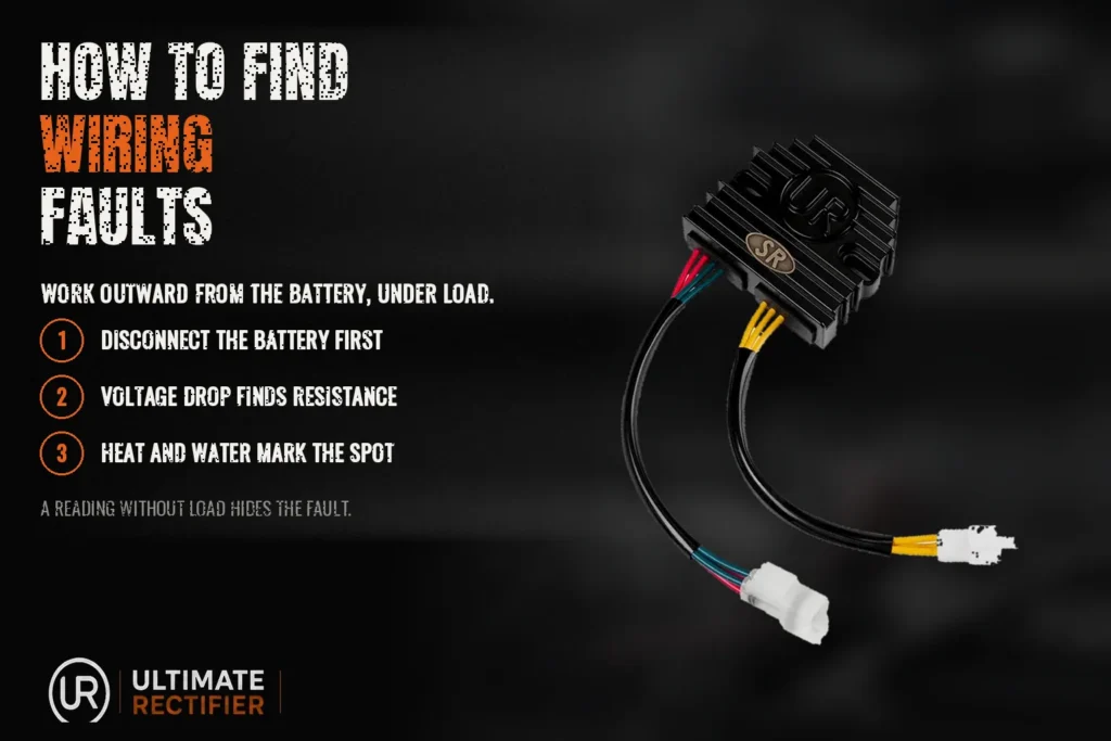 Infographic on locating motorcycle wiring faults: disconnect the battery, use voltage drop, look for heat and water.