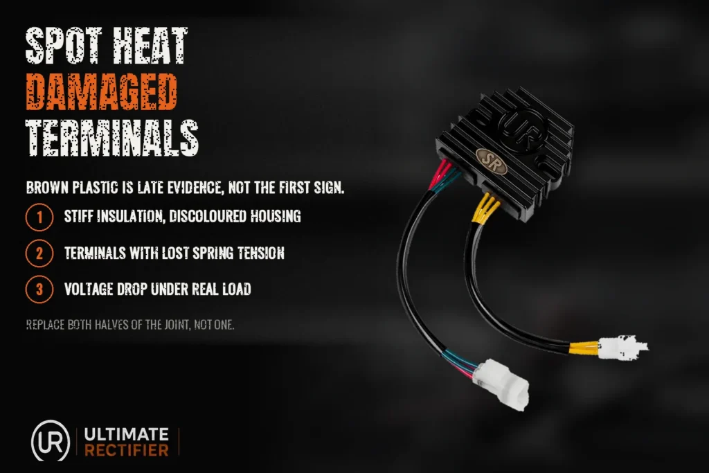 Infographic on identifying heat damaged terminals: stiff insulation, lost spring tension, voltage drop under load.