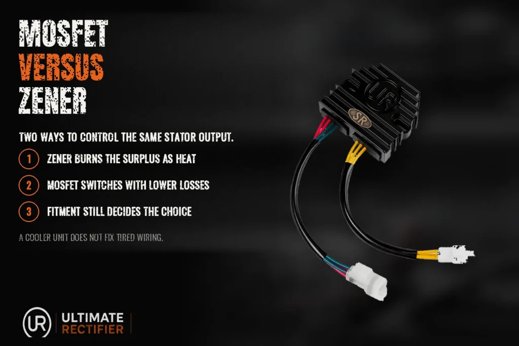 Infographic comparing a MOSFET rectifier and a Zener regulator: heat, switching losses and fitment.