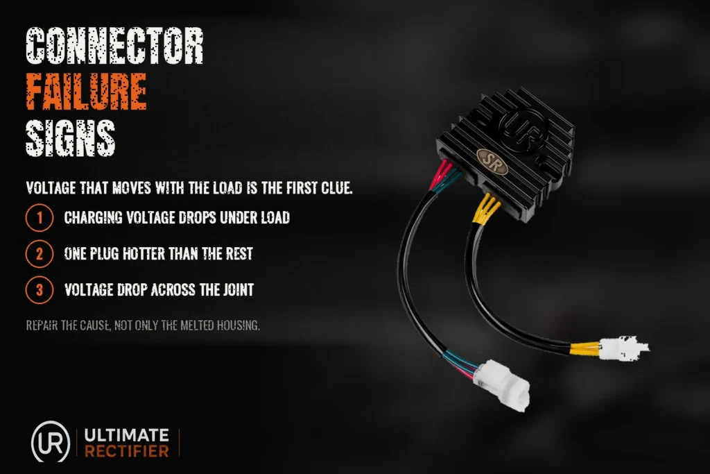 Infographic on motorcycle connector failure signs: charging voltage under load, a hot plug, voltage drop across the joint.